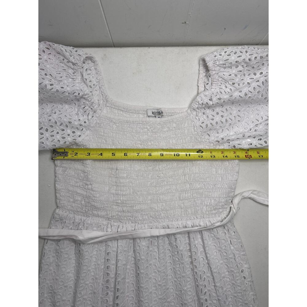 Kensie White Eyelet Midi Dress Smocked Cottagecore Puffy Sleeve in Size 14 - Picture 4 of 6